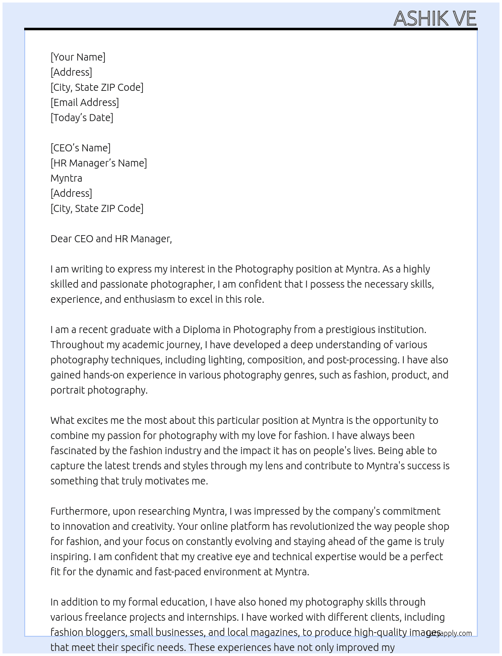 Photography  At Myntra Cover Letter