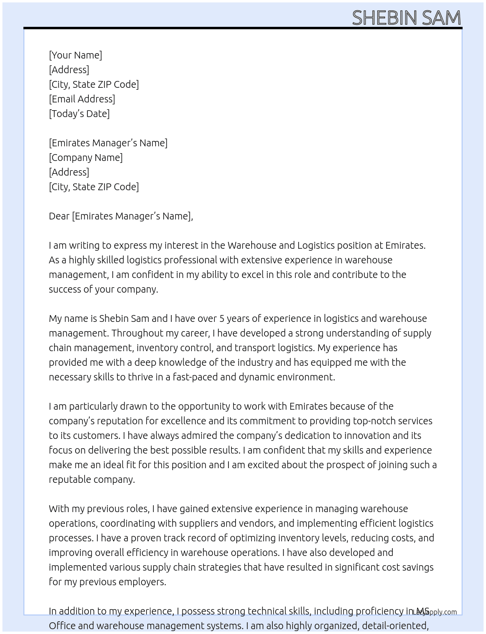 Warehouse and logistics  At Emirates  Cover Letter