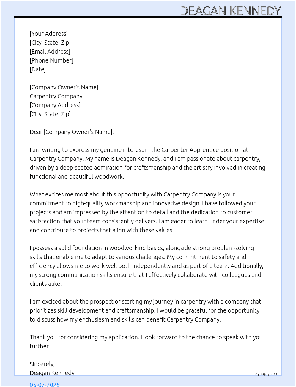 carpenter apprentice  At carpentry company Cover Letter