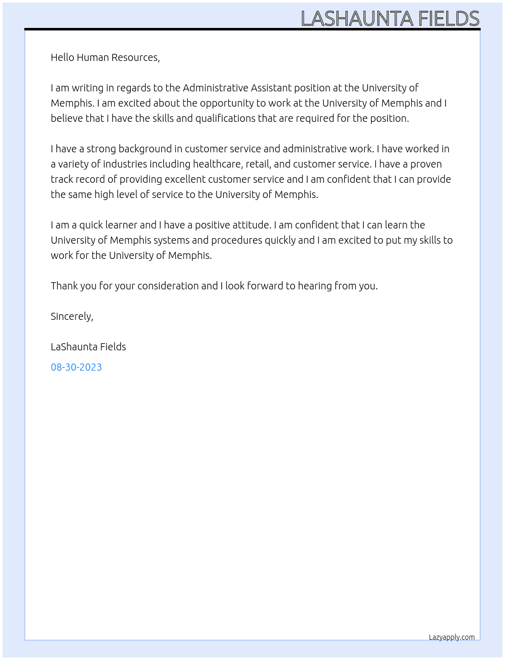 Administrative Assistant  At University of Memphis  Cover Letter