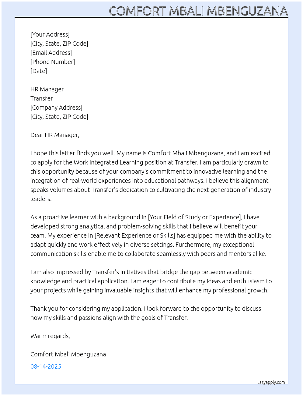 Cover letter for work integrated learning - LazyApply