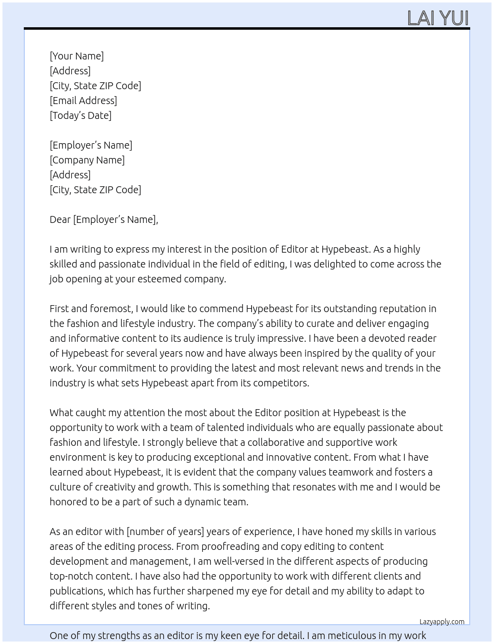 Editor At Hypebeast Cover Letter