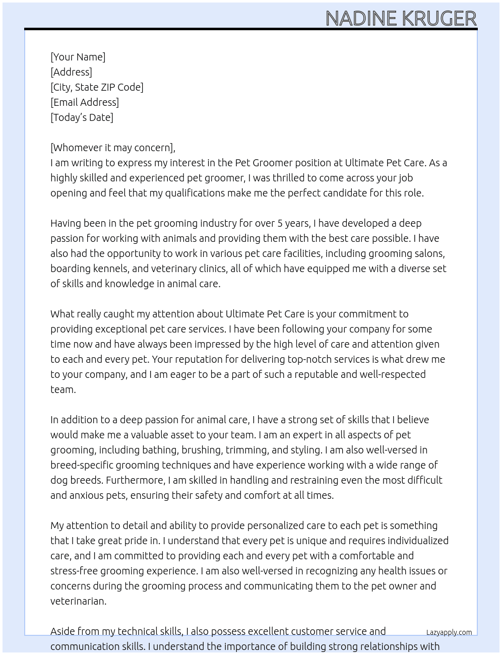 pet groomer At Ultimate Pet Care Cover Letter