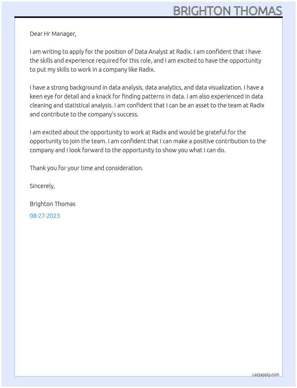 Data Analyst At Radix Cover Letter