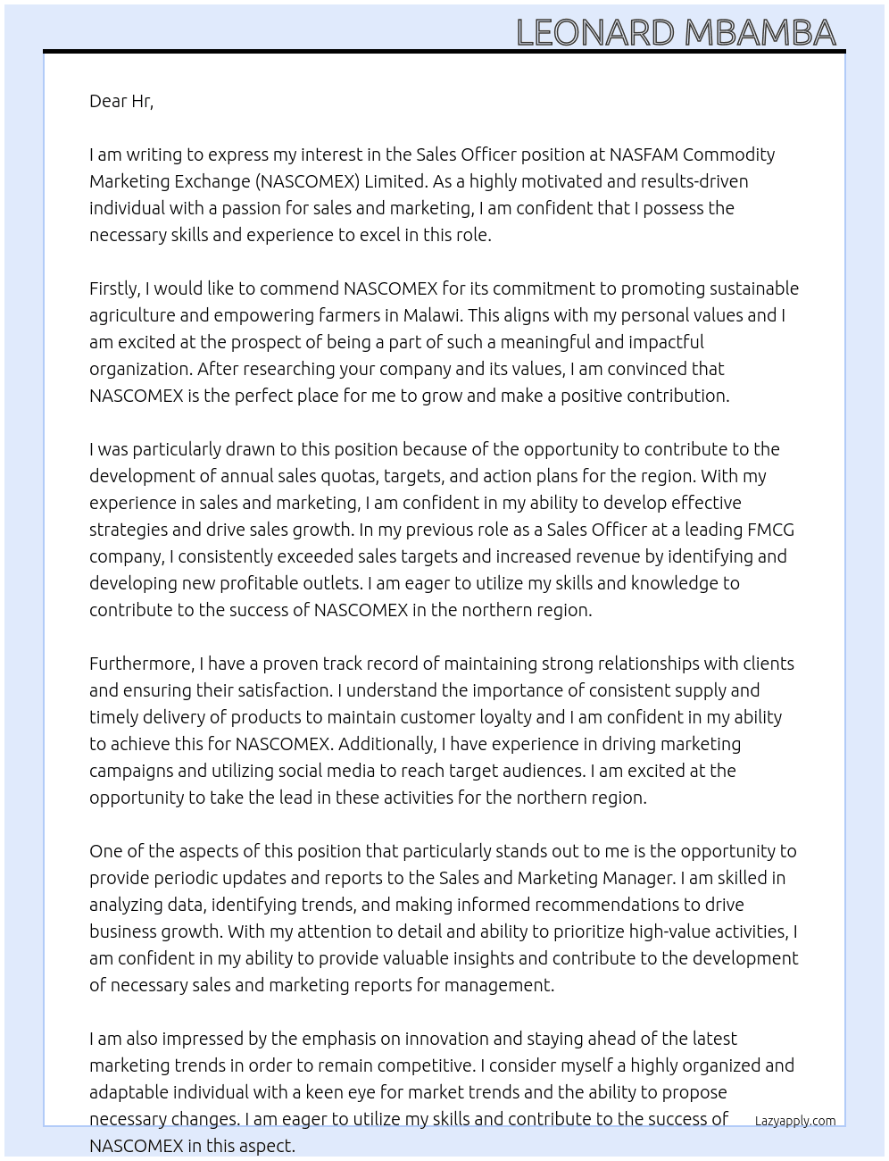 Sales Officer  At NASFAM Commodity Marketing Exchange (NASCOMEX) Limited Cover Letter