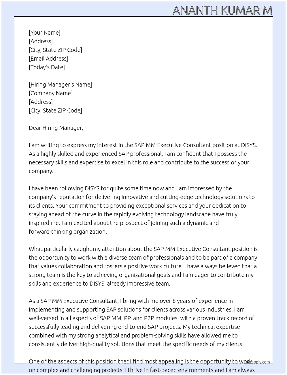 SAP MM Executive Consultant  At DISYS Cover Letter