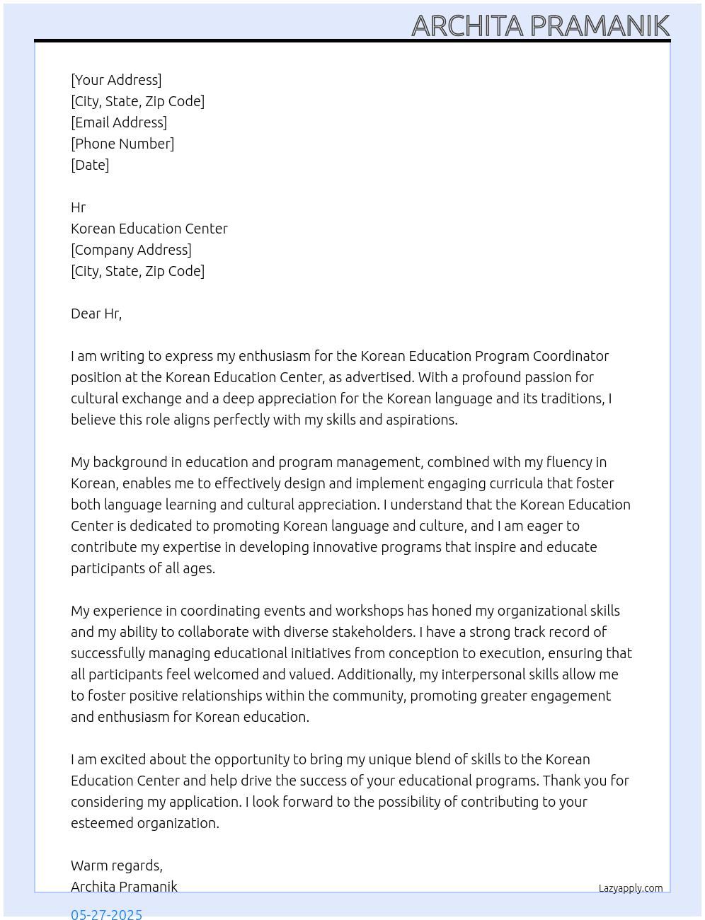 Cover letter for korean education program coordinator - LazyApply
