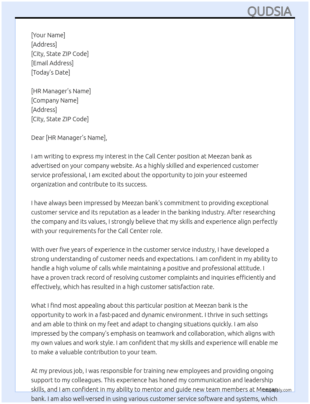 Call center  At Meezan bank Cover Letter