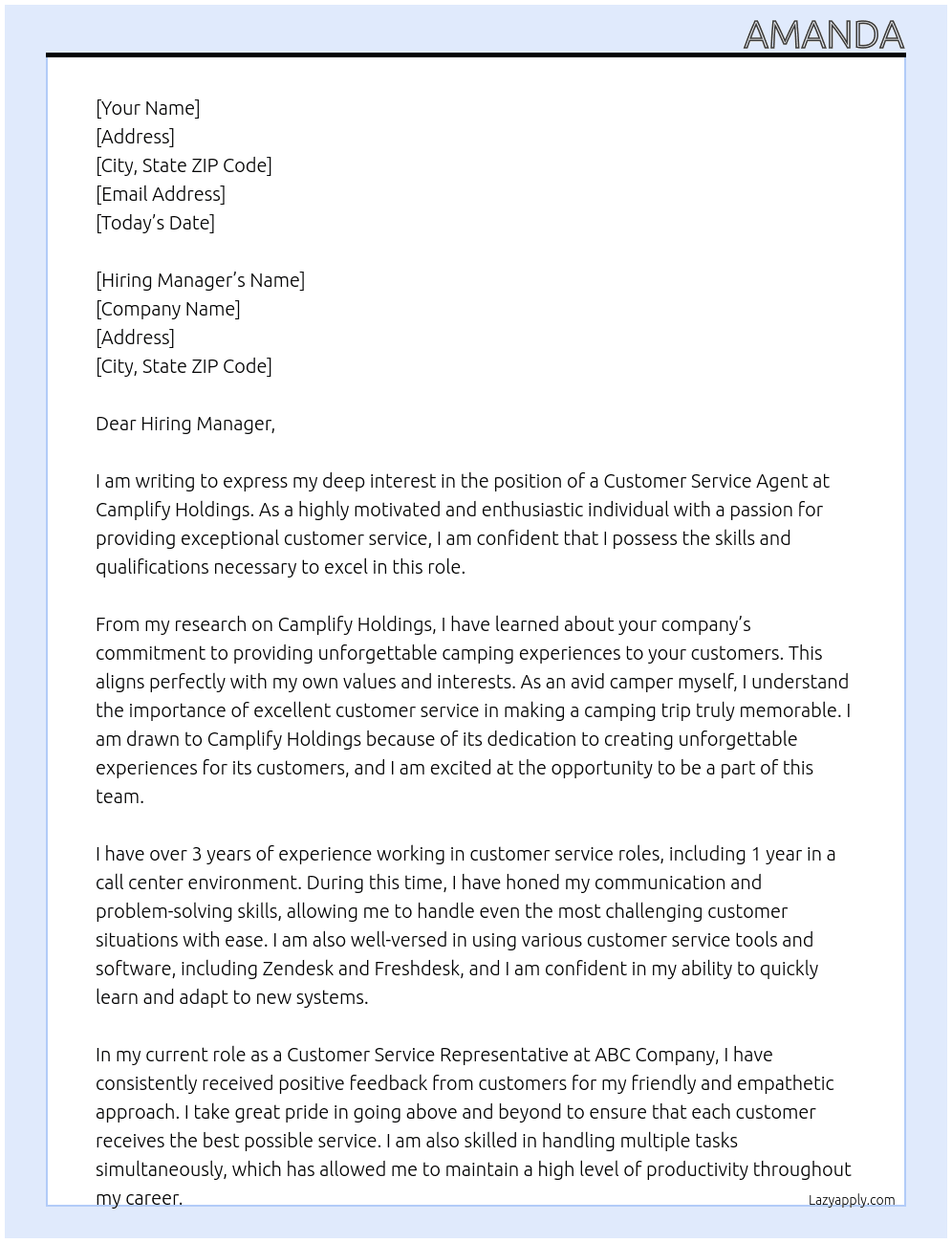 Customer Service Agent At Camplify Holdings Cover Letter