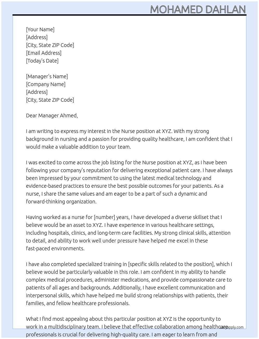 Nurse At XYZ Cover Letter