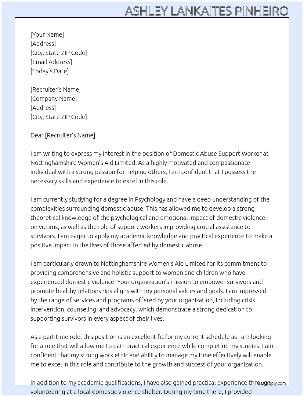 Domestic Abuse Support Worker At Nottinghamshire Women’s Aid Limited  Cover Letter