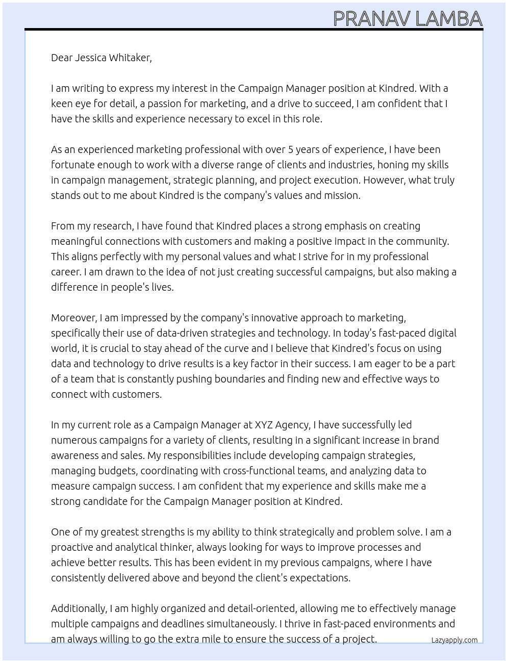 Campaign Manager At Kindred Cover Letter