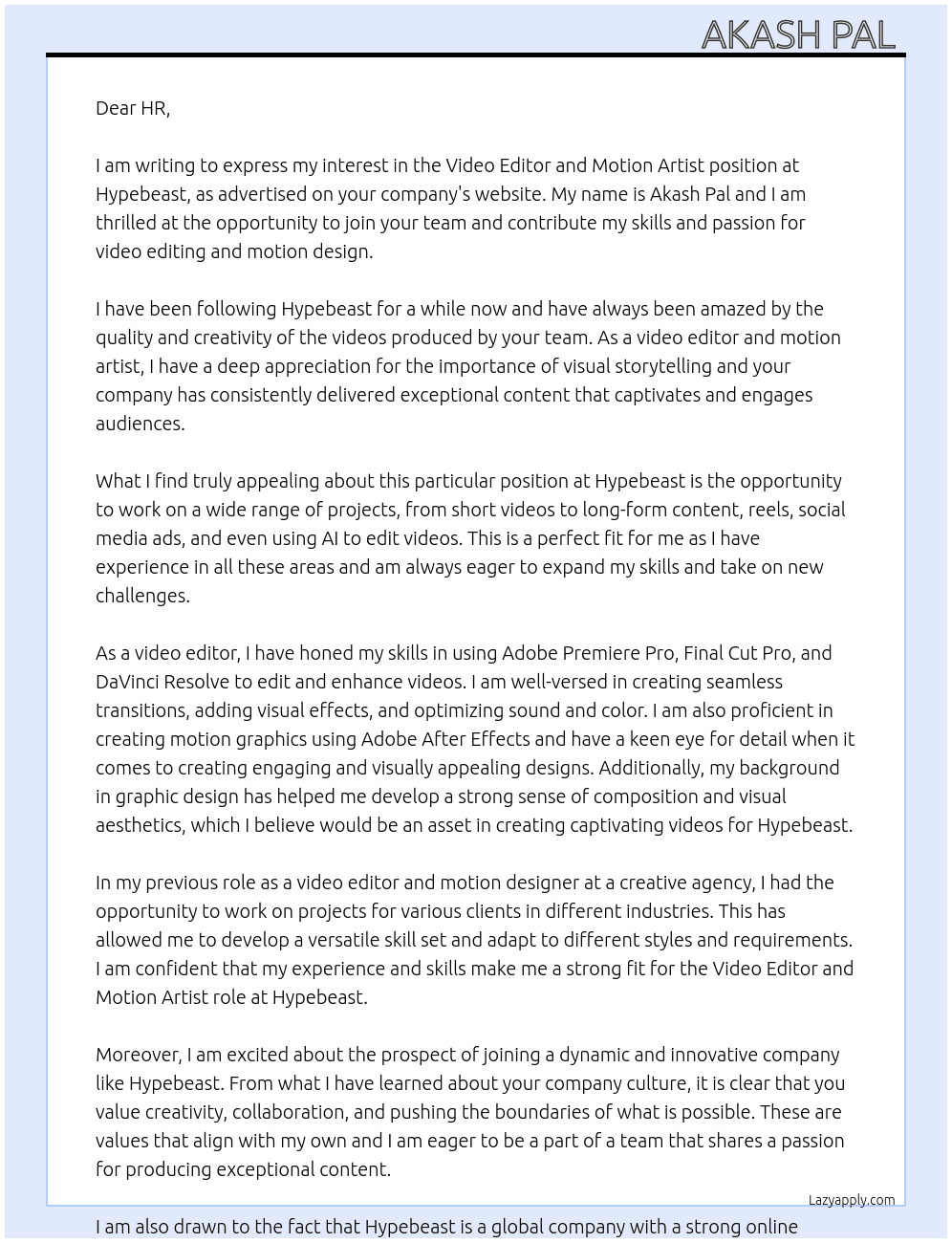 Video Editor and Motion artist  At Hypebeast Cover Letter