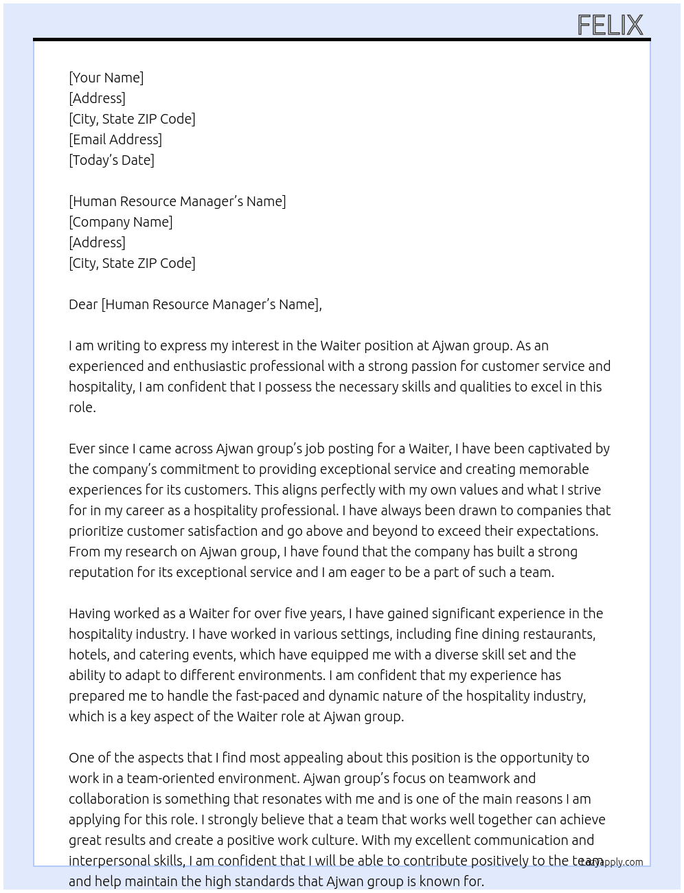 Waiter  At Ajwan group  Cover Letter