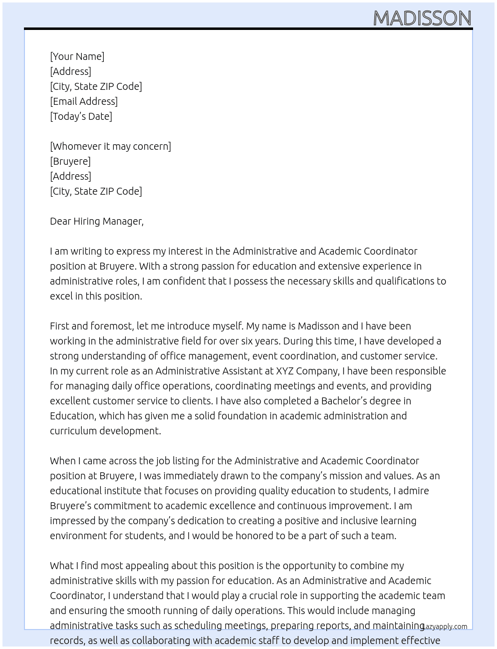Adminstrative and Academic Coordinator At Bruyere Cover Letter