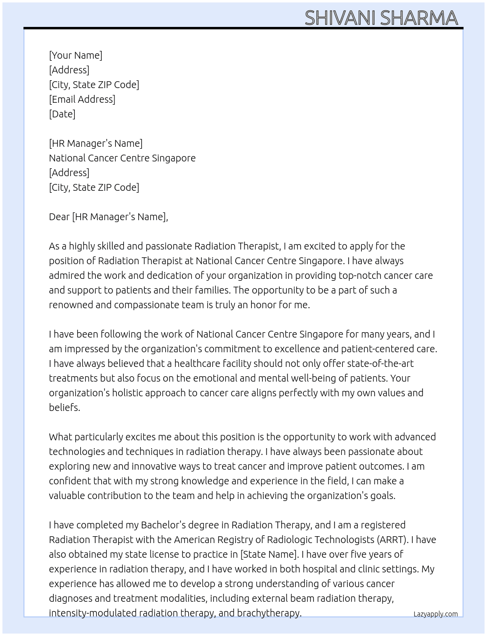 Radiation Therapist  At National Cancer Centre Singapore  Cover Letter