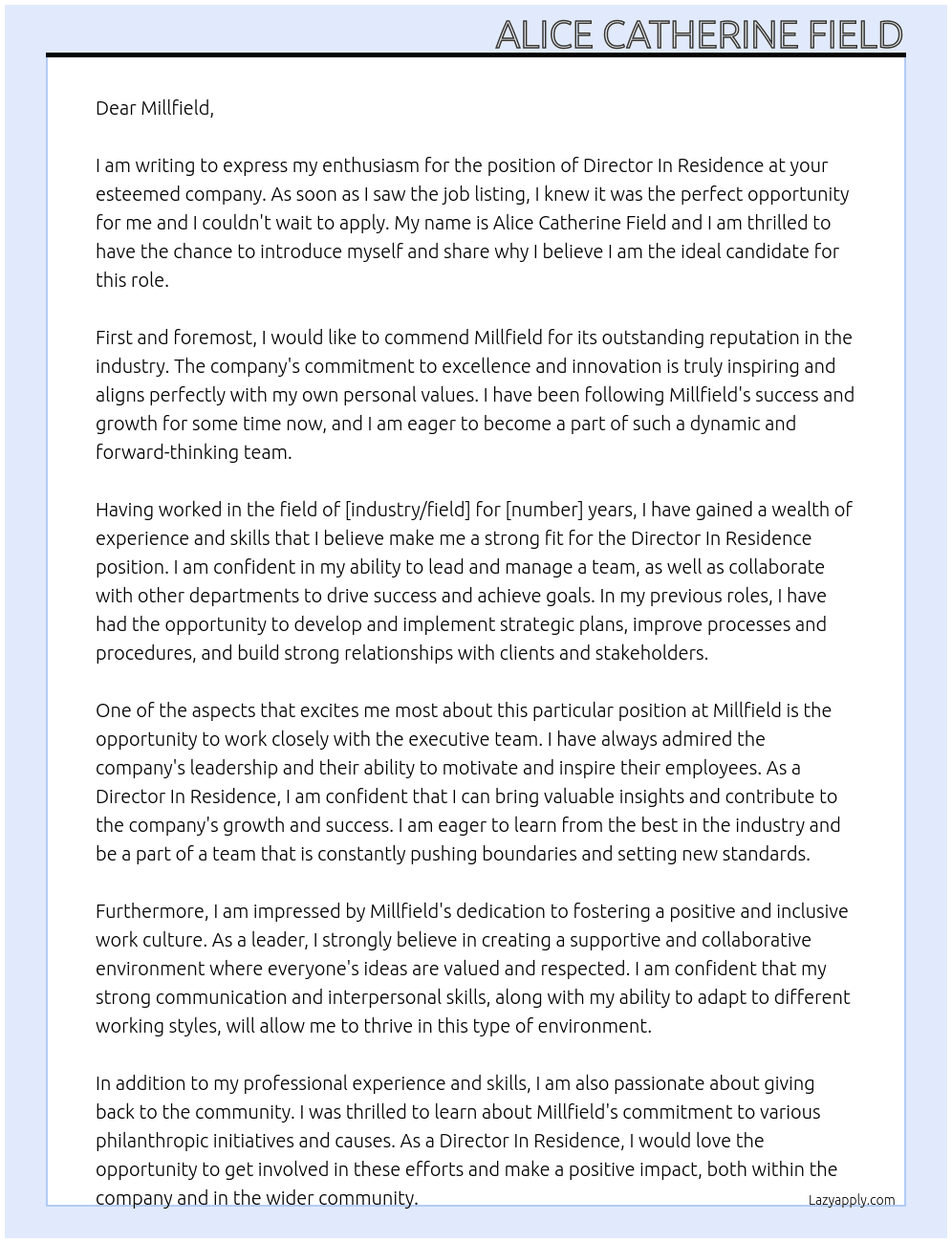 Director In Residence  At Millfield Cover Letter