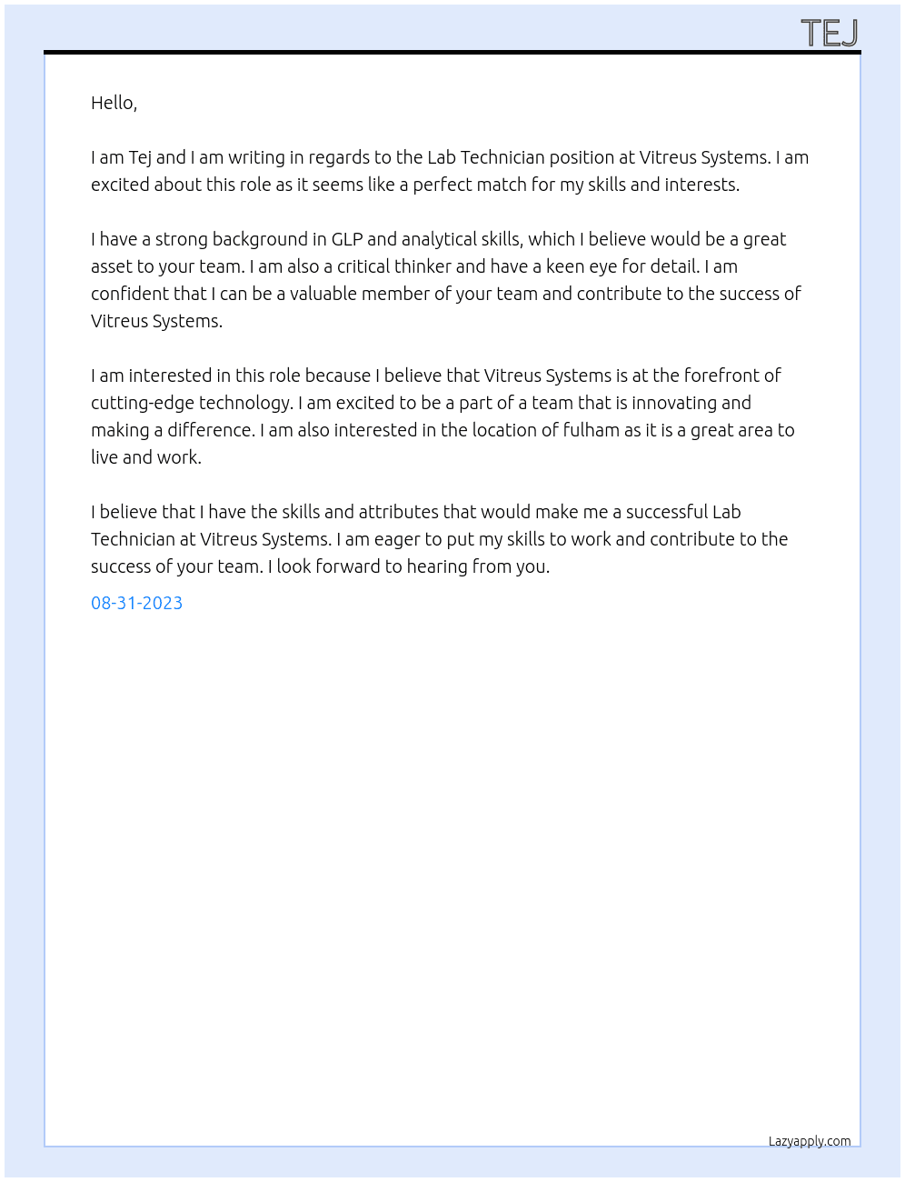 Lab Technician At Vitreus Systems Cover Letter