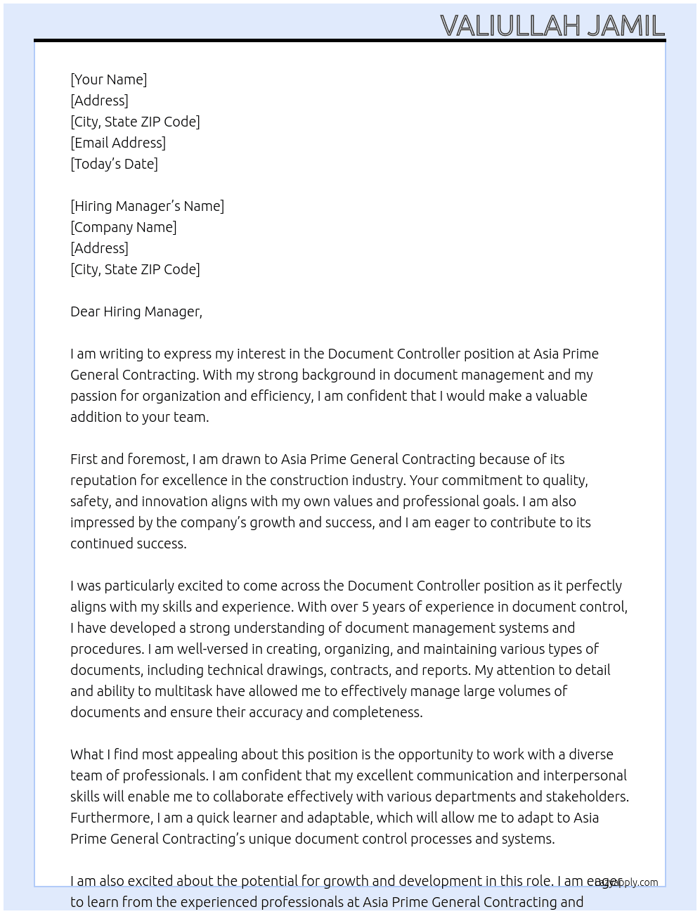 Document Controller  At Asia Prime General Contracting Cover Letter