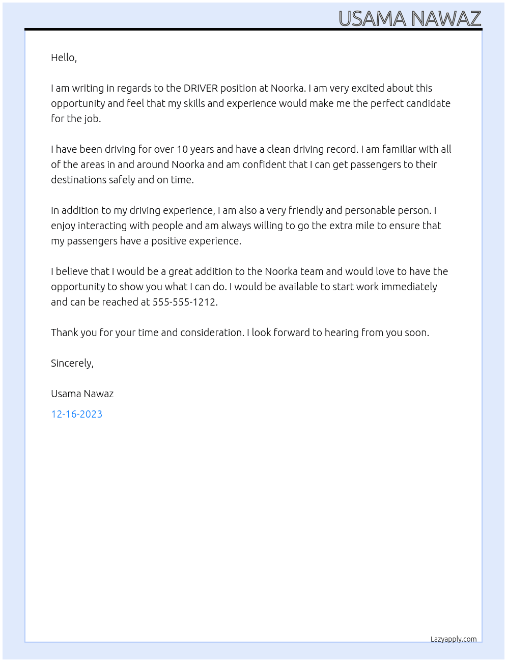 DRIVER  At Noorka Cover Letter