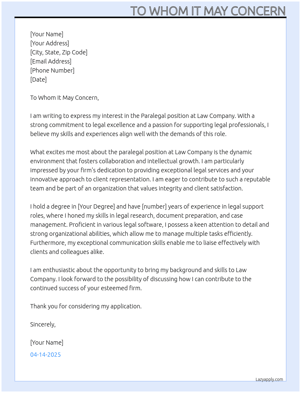 paralegal At law company Cover Letter