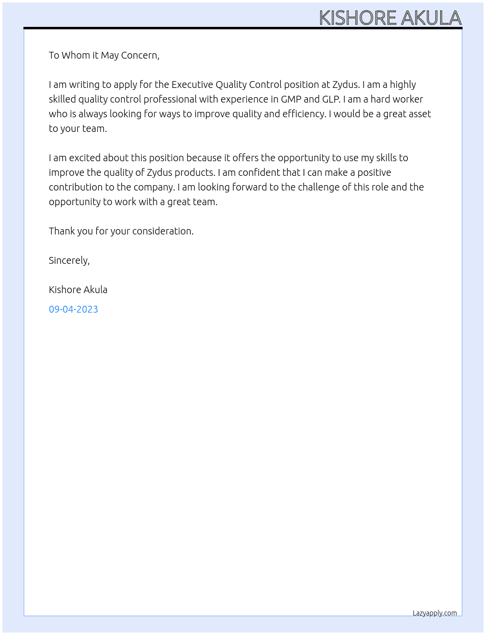 Executive quality control  At Zydus Cover Letter