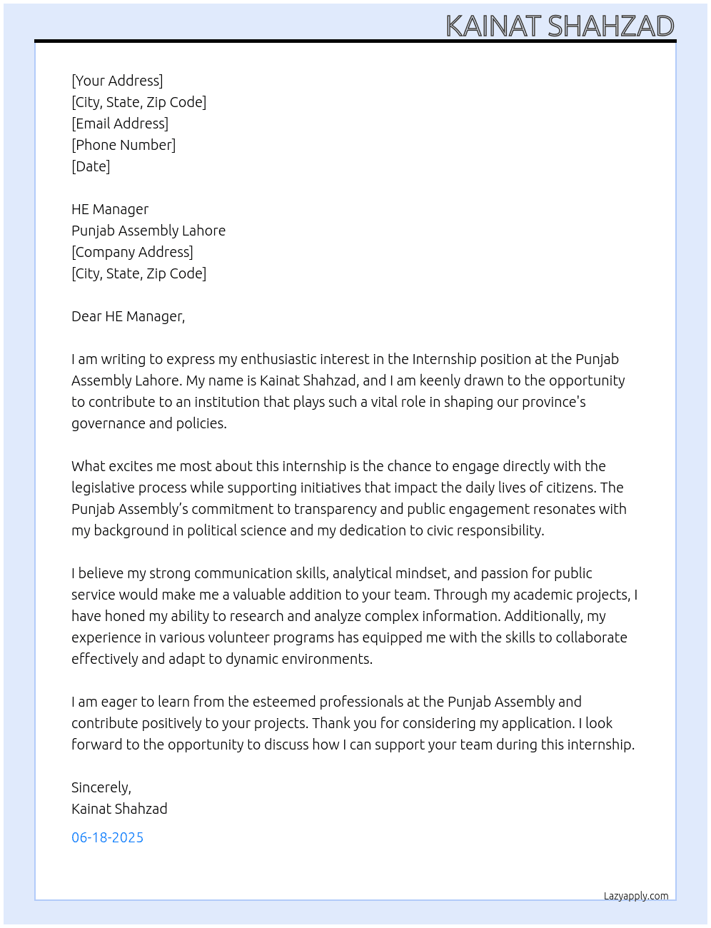 Internship at Punjab Assembly Lahore At Punjab Assembly Lahore Cover Letter
