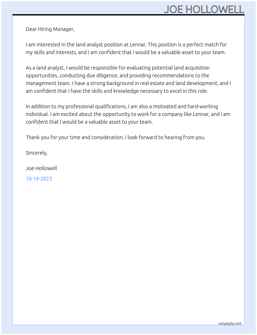 Land analyst  At Lennar Cover Letter