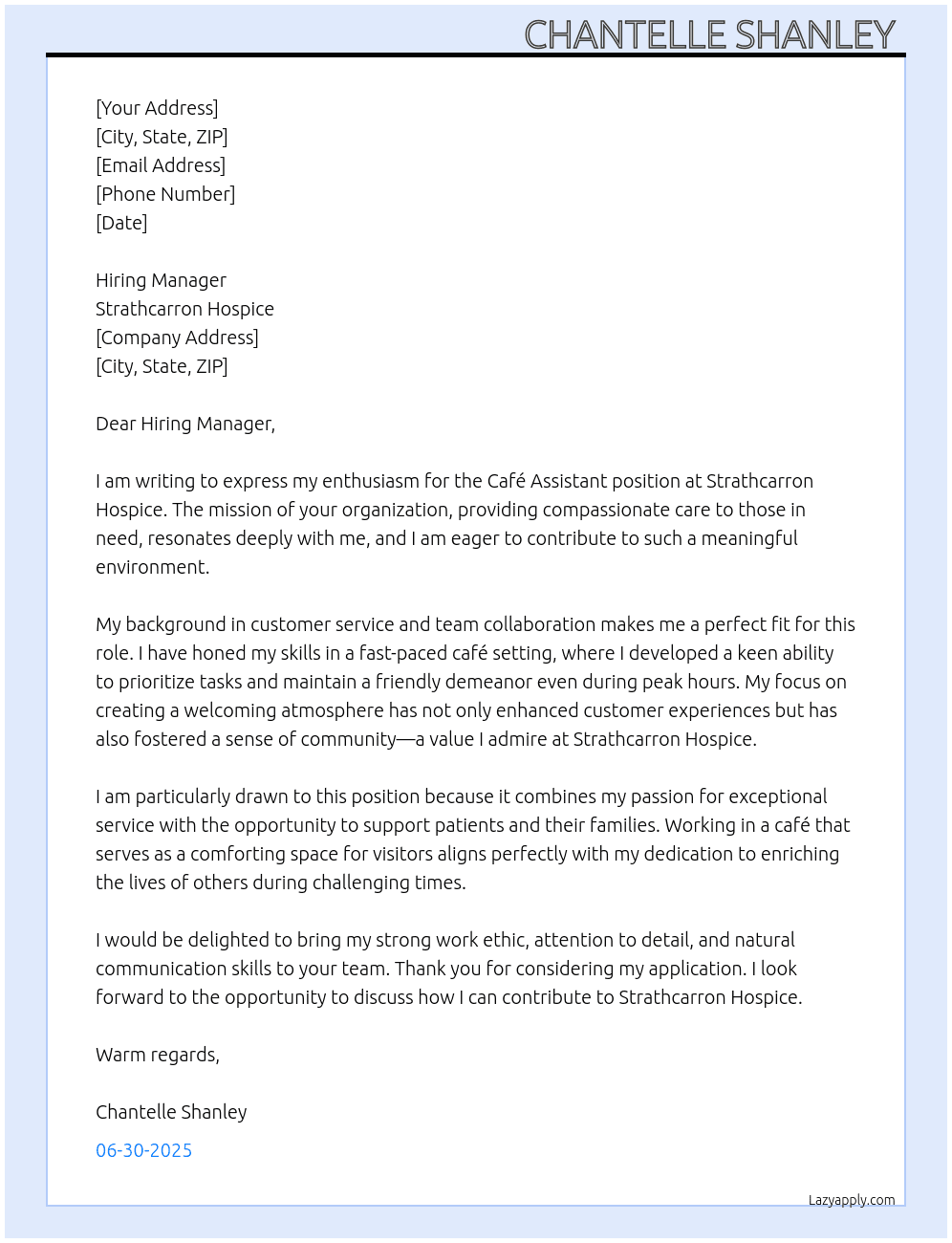 Cafe Assistant  At Strathcarron Hospice  Cover Letter