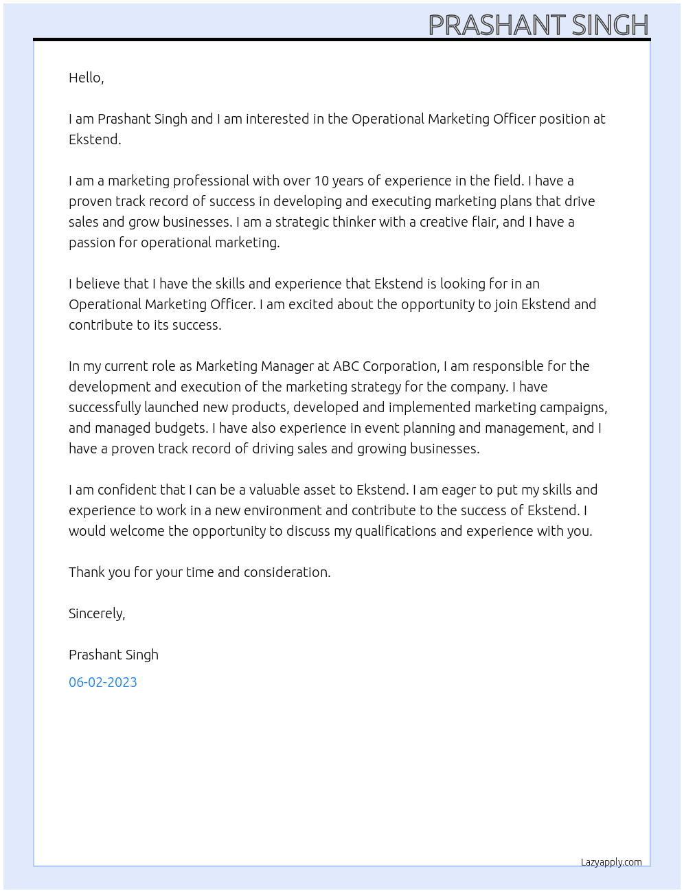Operational Marketing Officer  At Ekstend Cover Letter