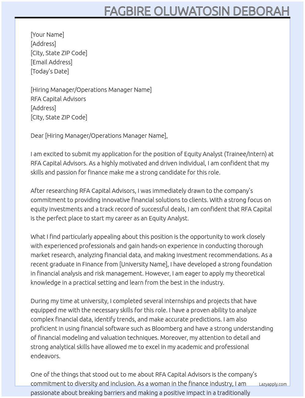 Equity Analyst (Trainee/Intern) At RFA Capital Advisors Cover Letter