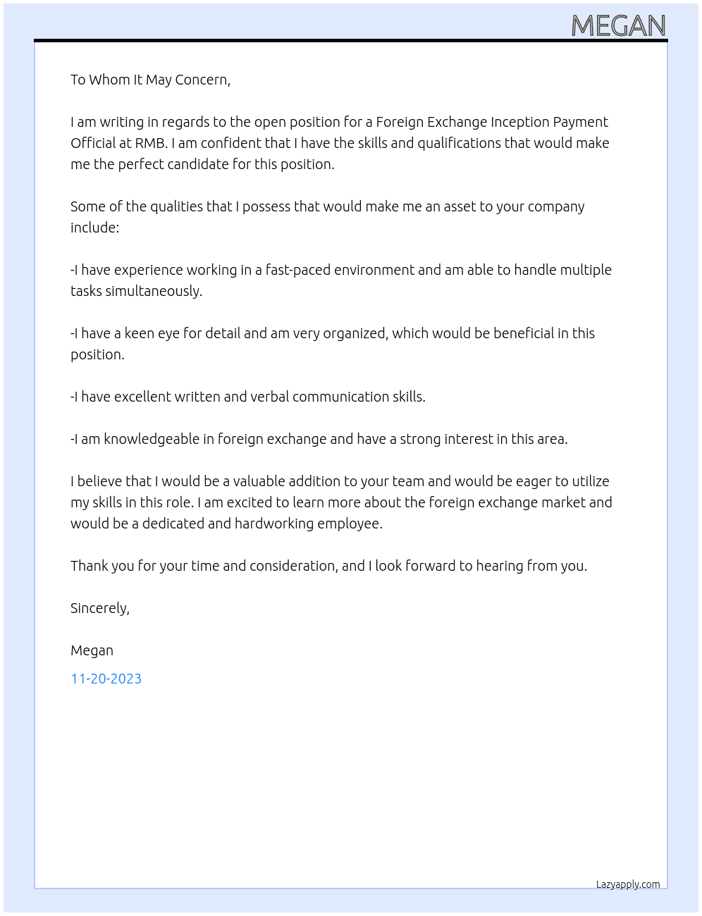 Foreign Exchange Inception Payment Official At RMB Cover Letter