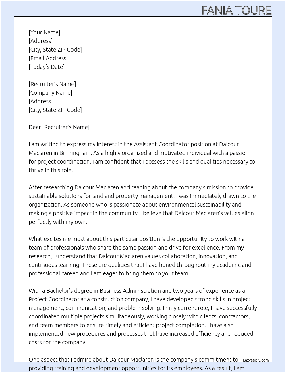 Assistant coordinator  At Dalcour maclaren Cover Letter