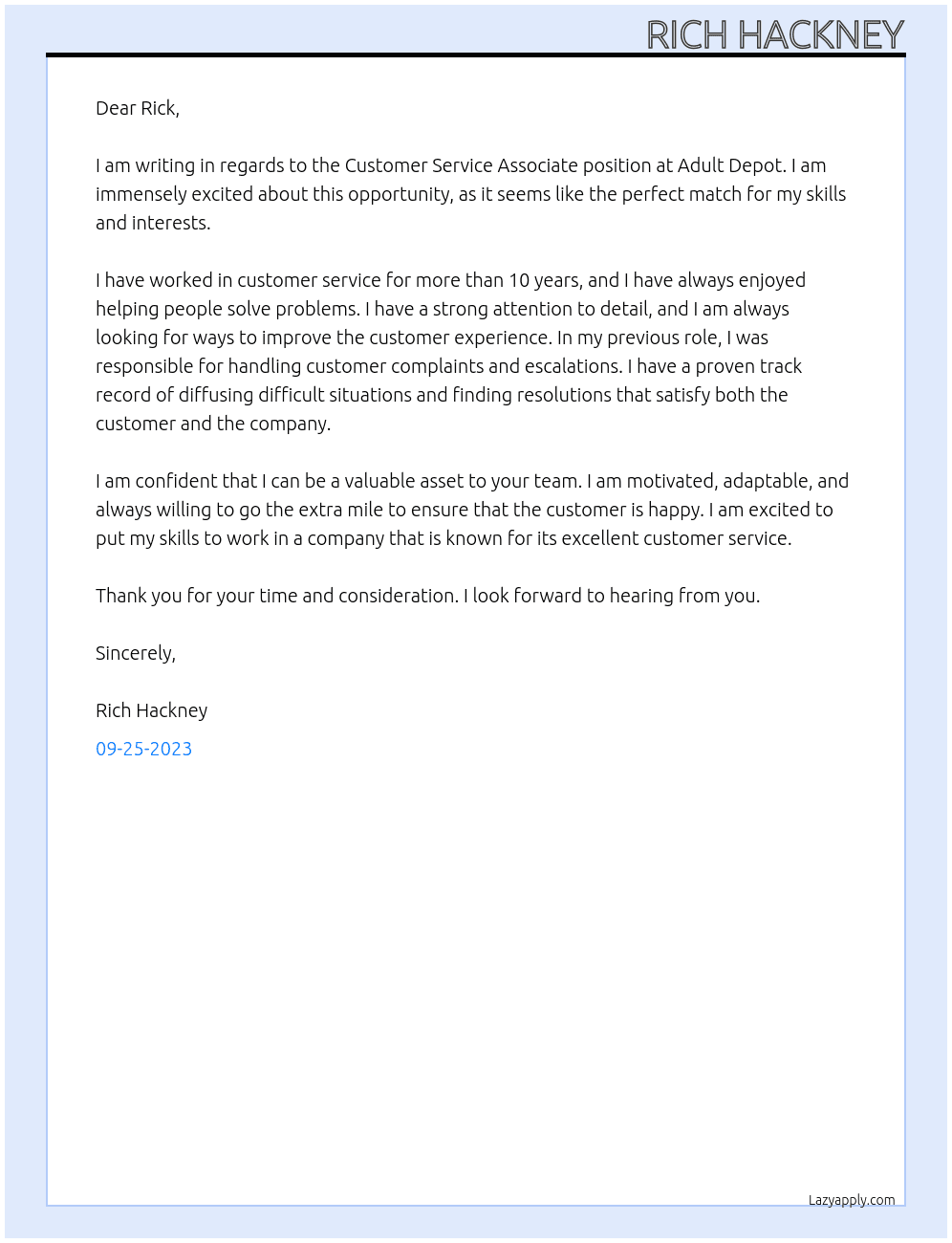 Customer Service Associate At Adult Depot Cover Letter