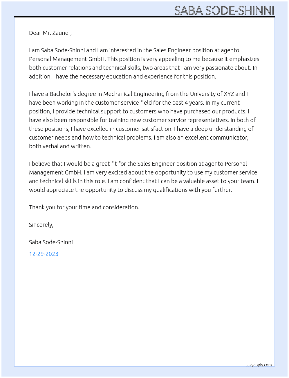 Sales Engineer At agento Personal Management GmbH Cover Letter