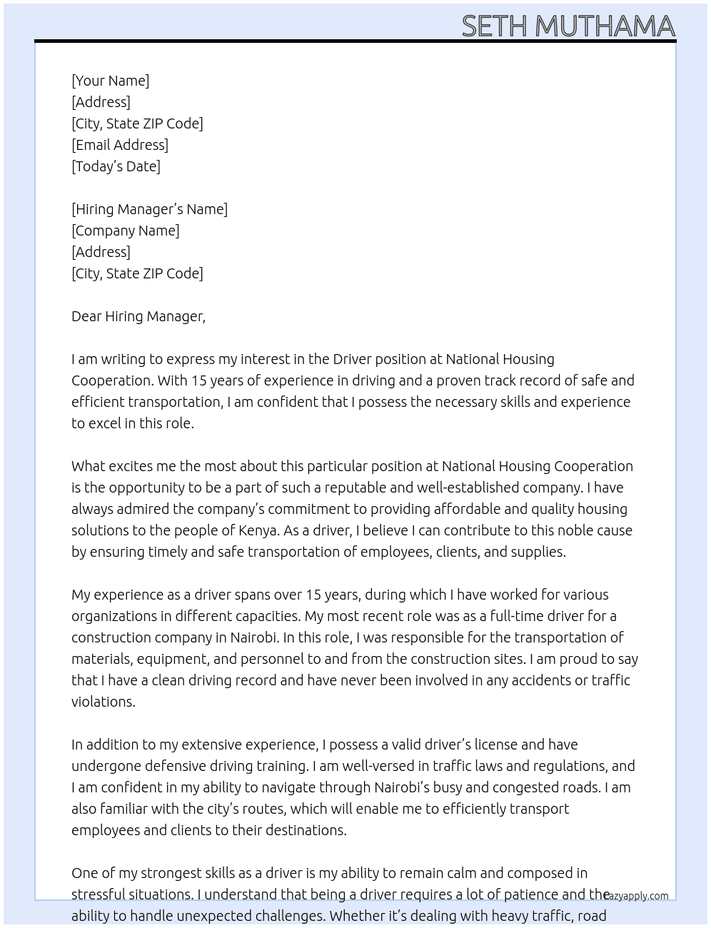 DRIVER At NATIONAL HOUSING COPERATION Cover Letter