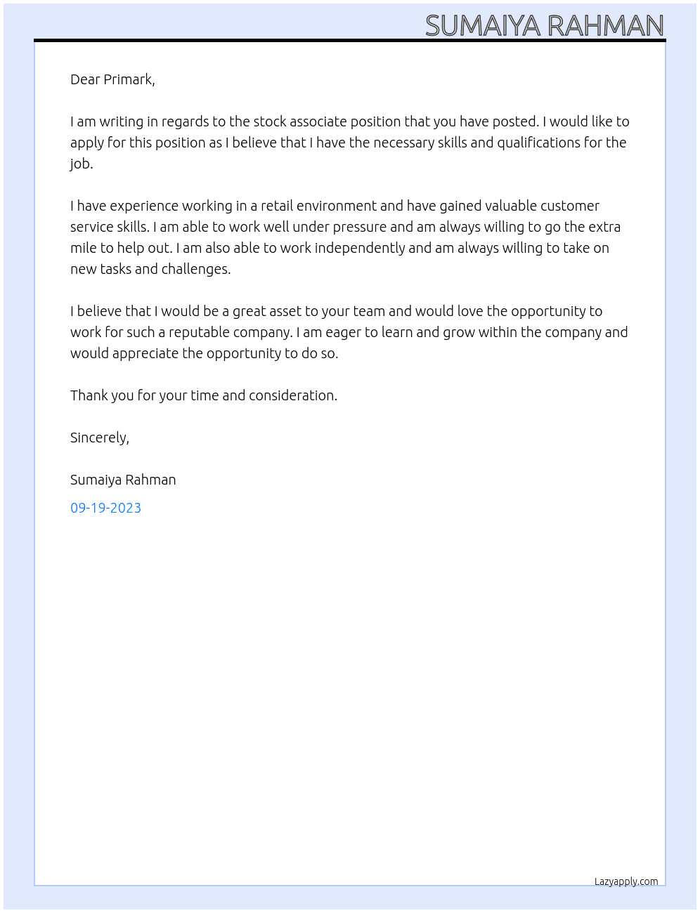 Stock Associate At Primark Cover Letter