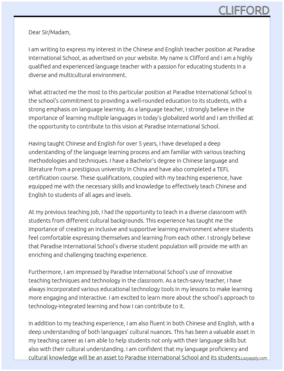 Chinese and english teacher At Paradise International school Cover Letter