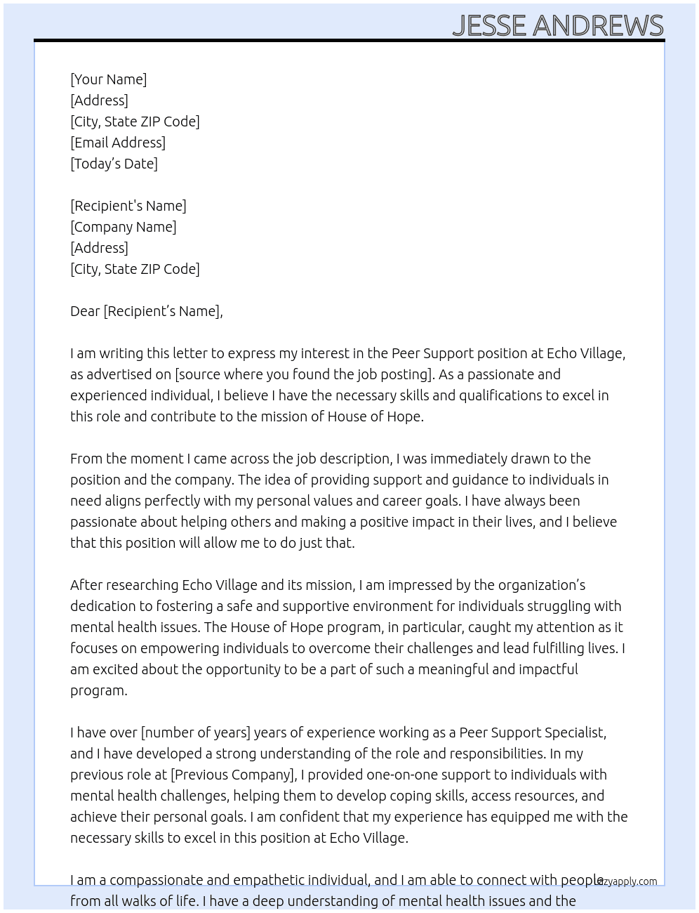 peer support At echo village Cover Letter
