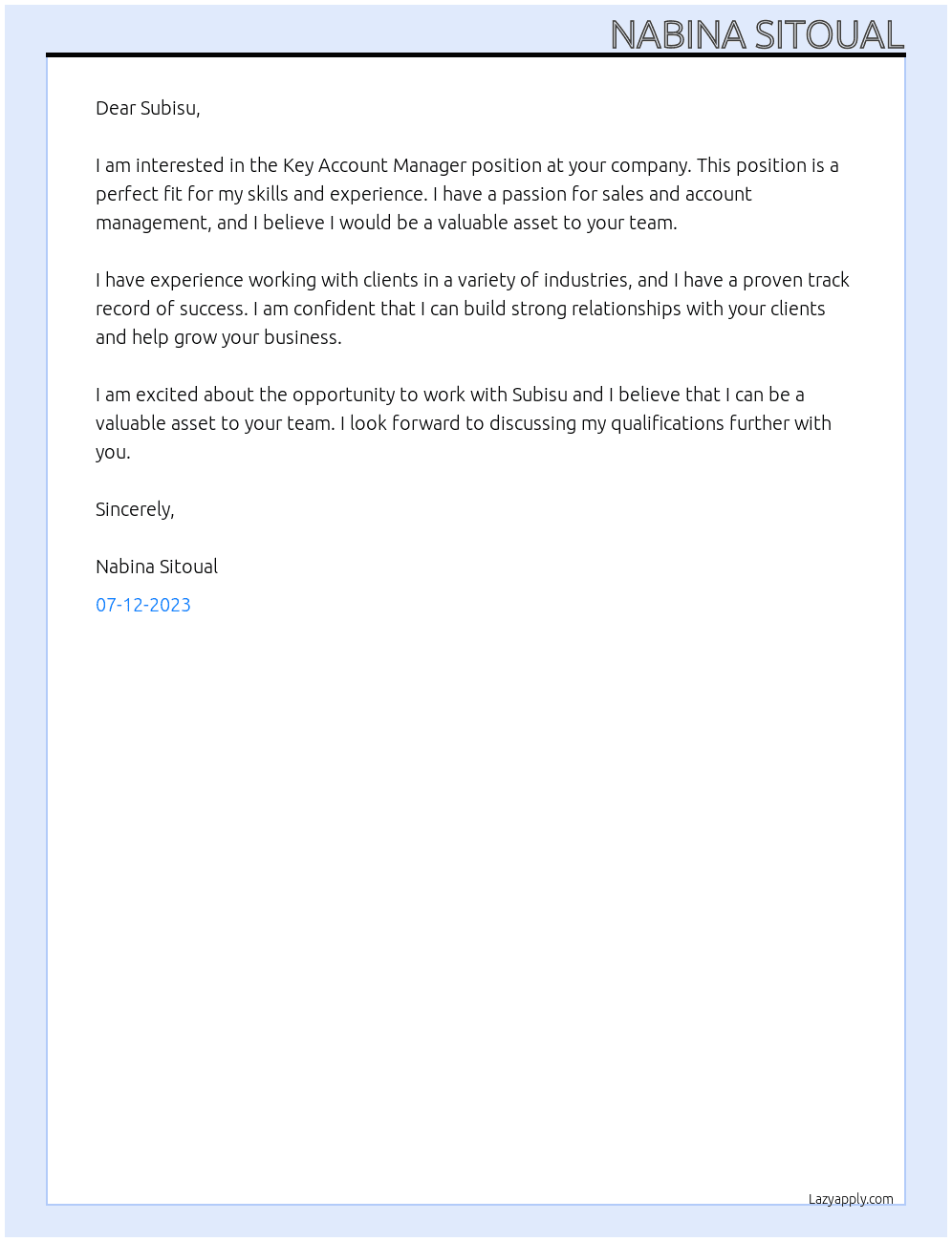Key Account Manager At Subisu Cover Letter