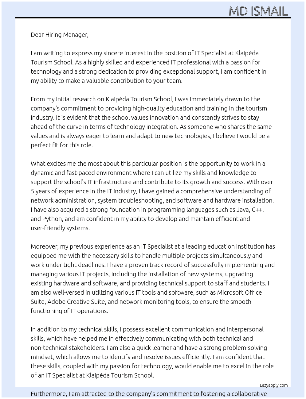 IT Specialist  At Klaipėda Tourism School, 190974577 Cover Letter