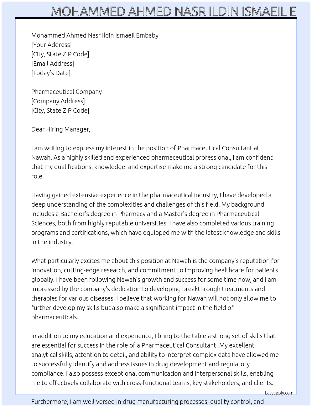 Pharmaceutical consultant At Nawah Cover Letter
