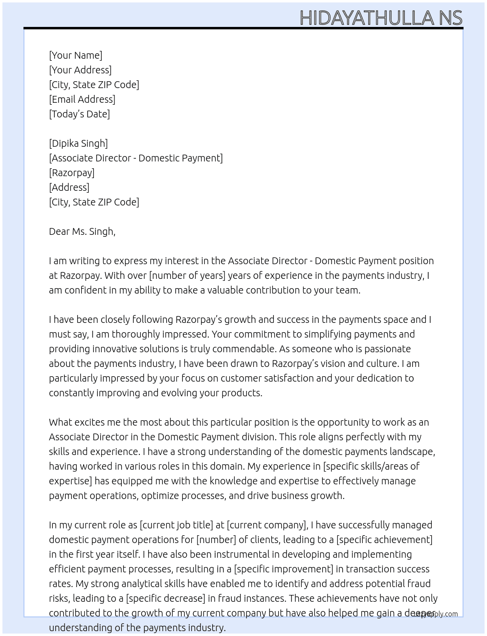 Associate Director - Domestic Payment At Razorpay Cover Letter