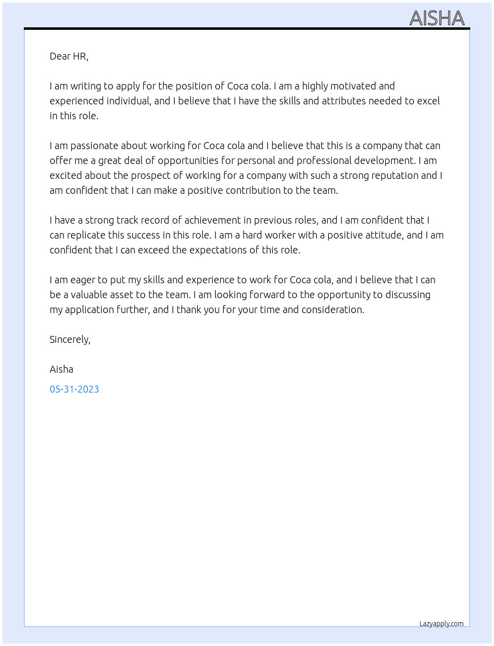 Coca cola At Coca coal Cover Letter