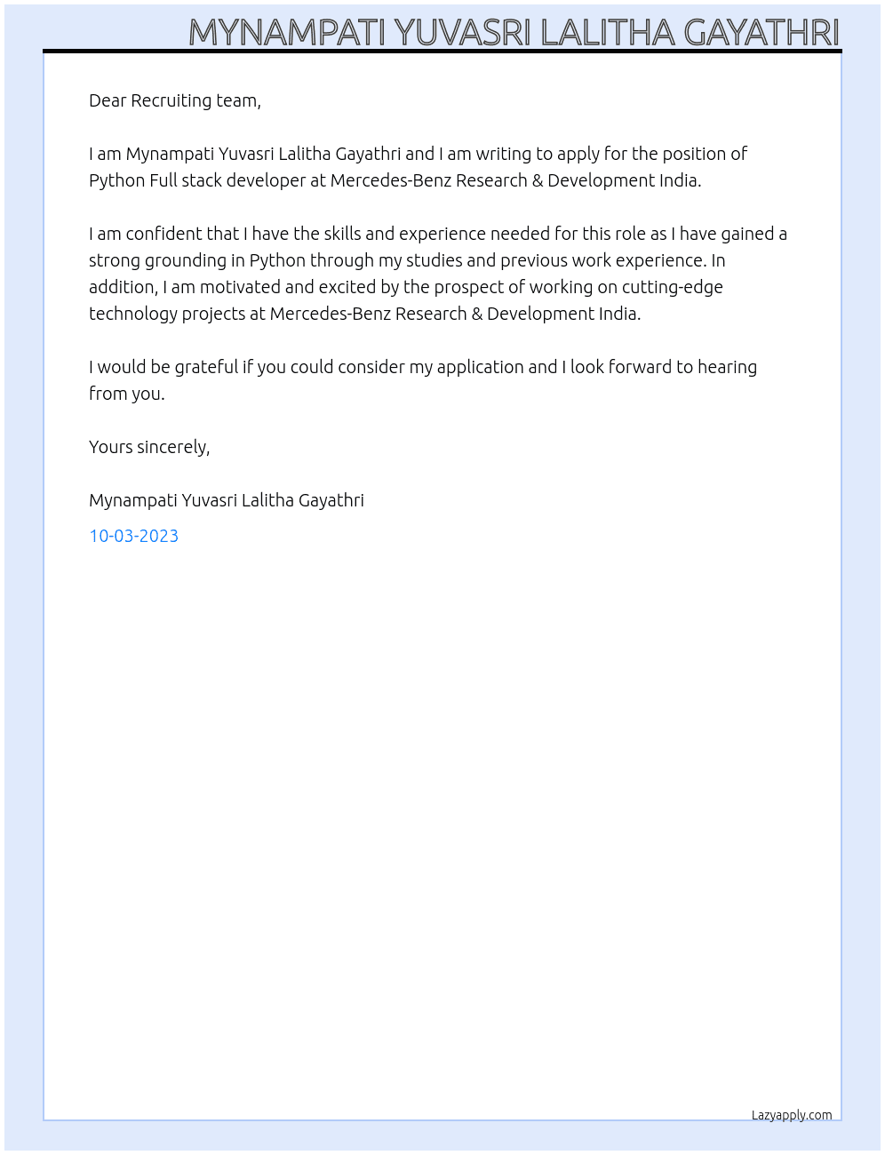 Python Full stack developer At Mercedes-Benz Research & Development India Cover Letter