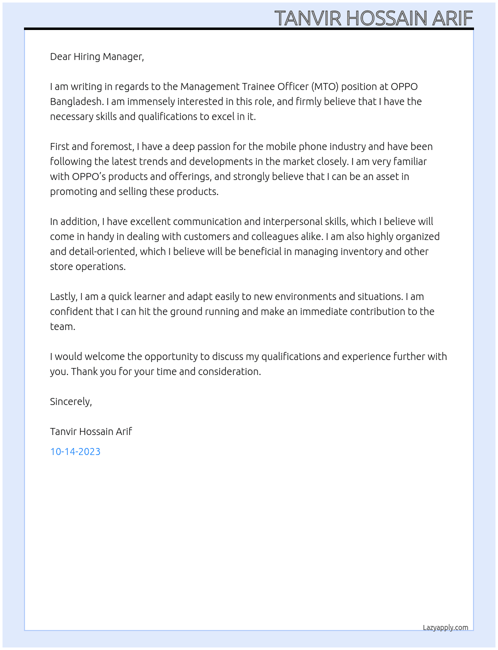 Management Trainee Officer (MTO) At OPPO Bangladesh Cover Letter