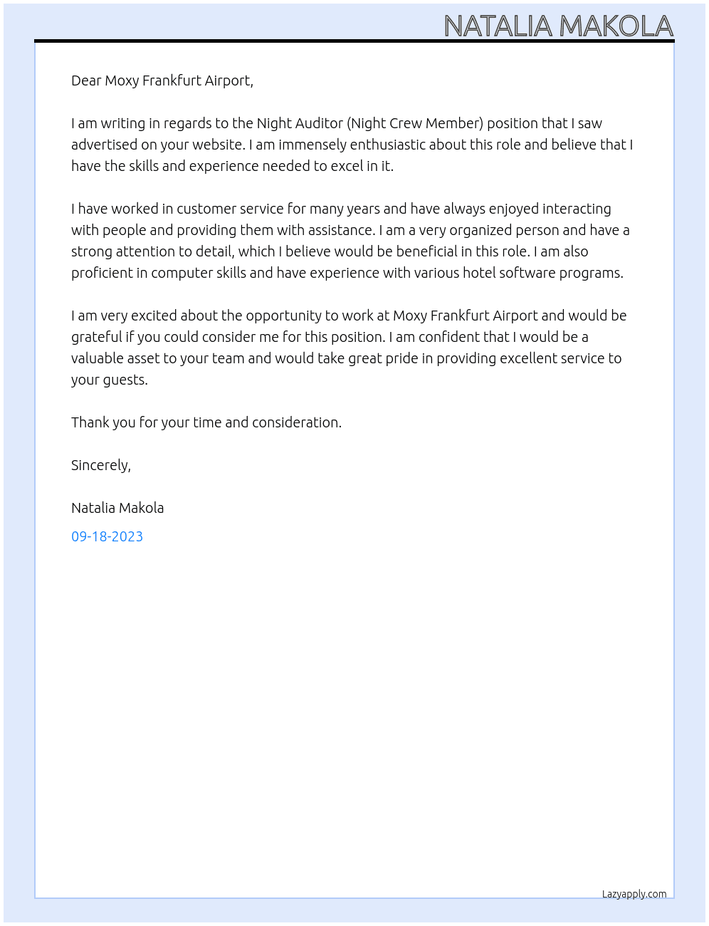 Night Auditor (Night Crew Member) At Moxy Frankfurt Airport Cover Letter