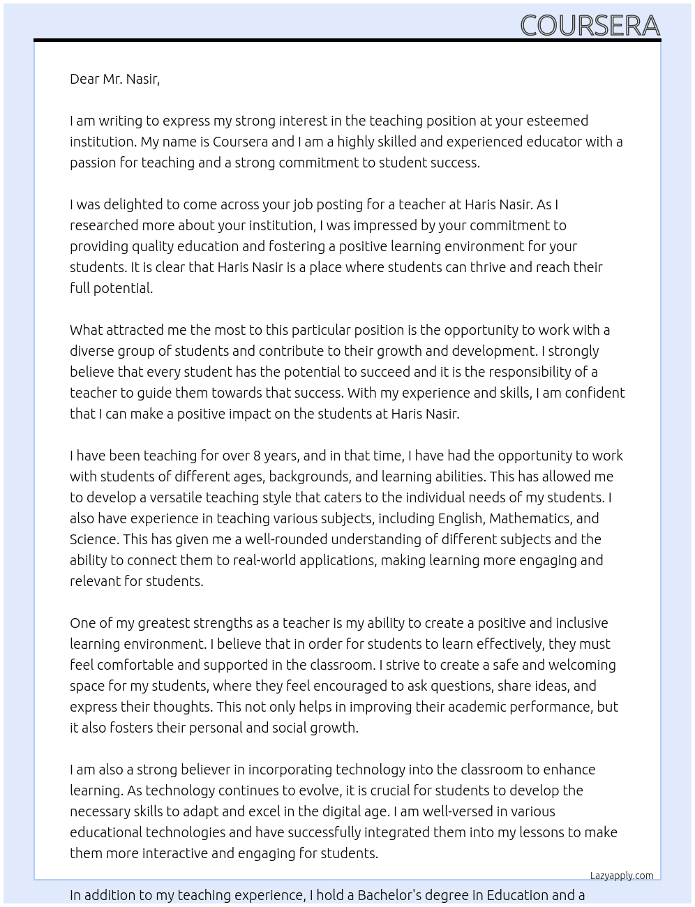 Teacher At Haris Nasir Cover Letter