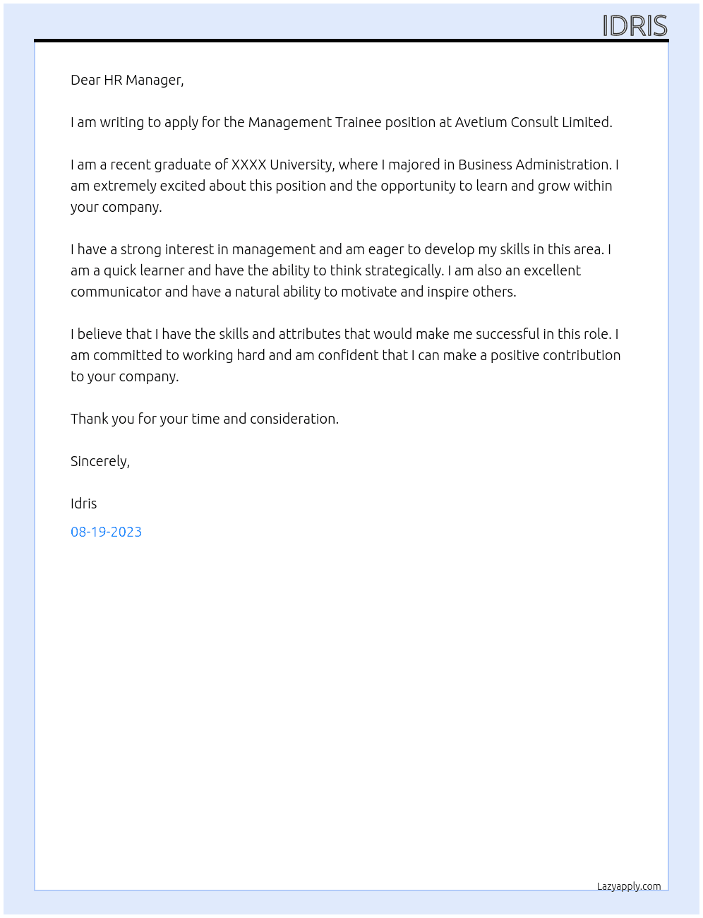 Management Trainee At avetium consult limited Cover Letter