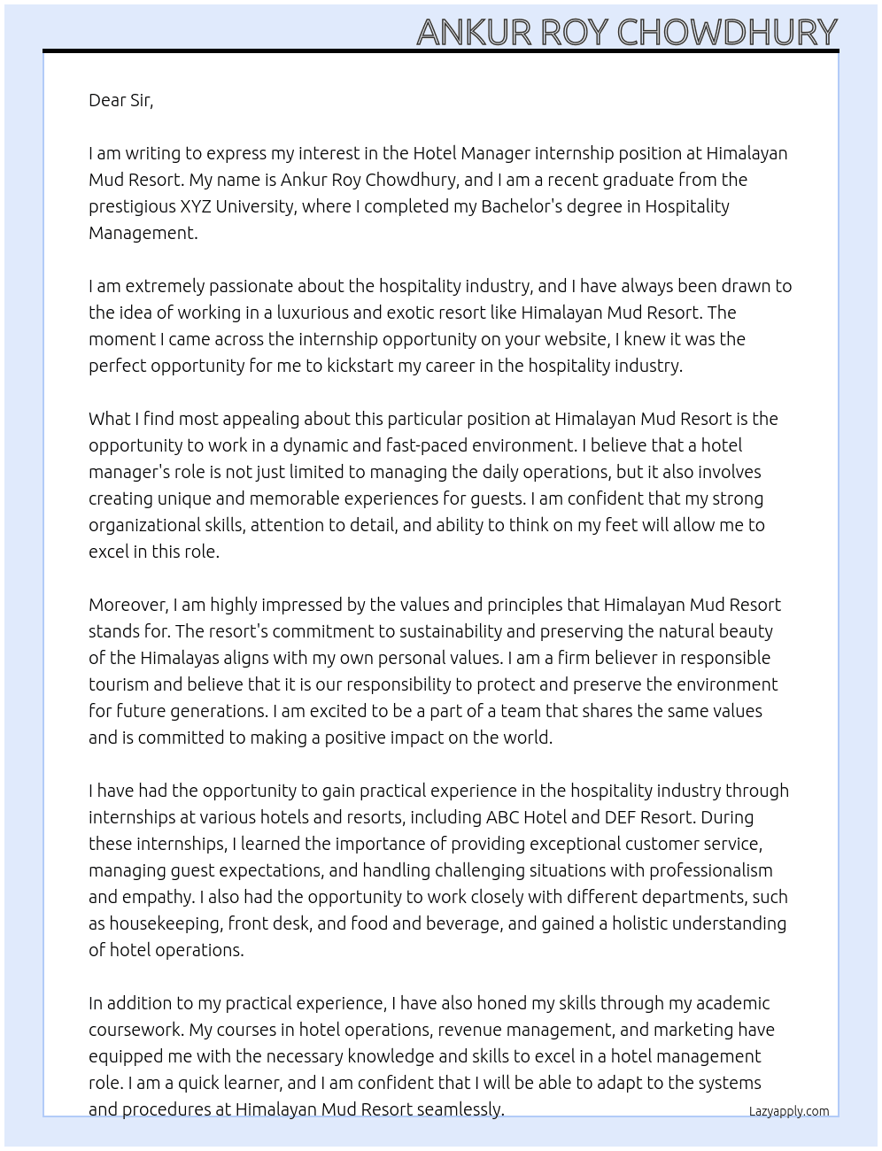 Hotel Manager internship  At Himalayan Mud Resort Cover Letter